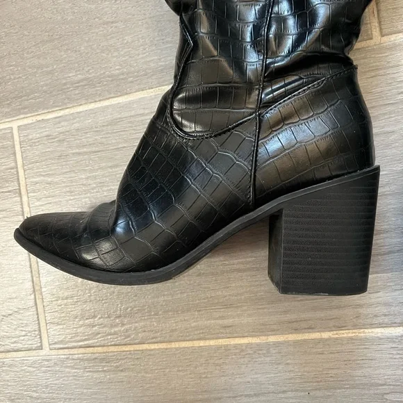 Black Croc-Embossed Knee-High Boots - Picture 4 of 8